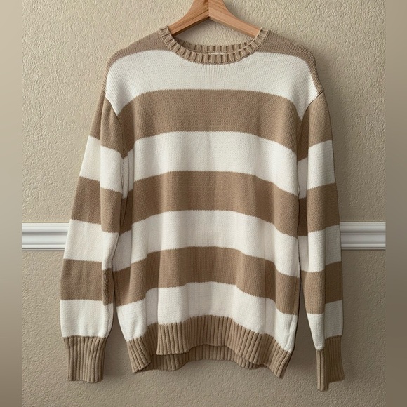 John Galt 100% Cotton Striped Tan White Crewneck Knit Fisherman Sweater OS - Picture 8 of 9